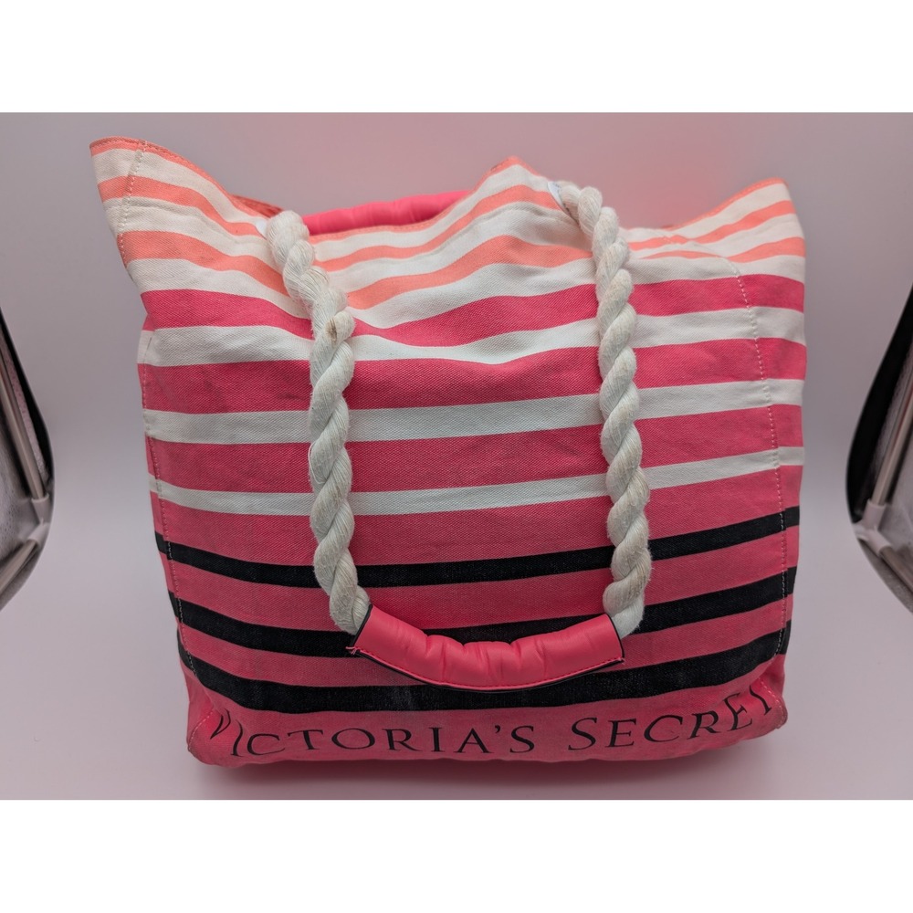 Victoria's Secret Pink Orange Black Striped Canvas Tote Bag Rope Handles Logo